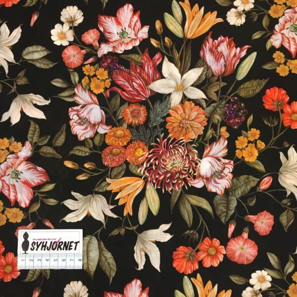 Liberty mørkebrun bund med smukke blomsterbuketter i brændte farver, økotex 100