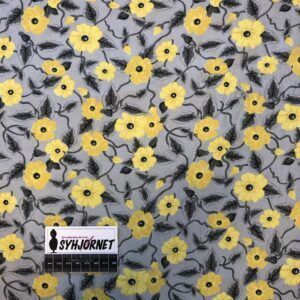 Bomulds poplin vævet grå med gule blomster økotex 100