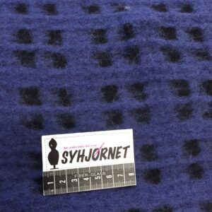 Frakke stof af polyester og akryl blå med sorte firkanter.