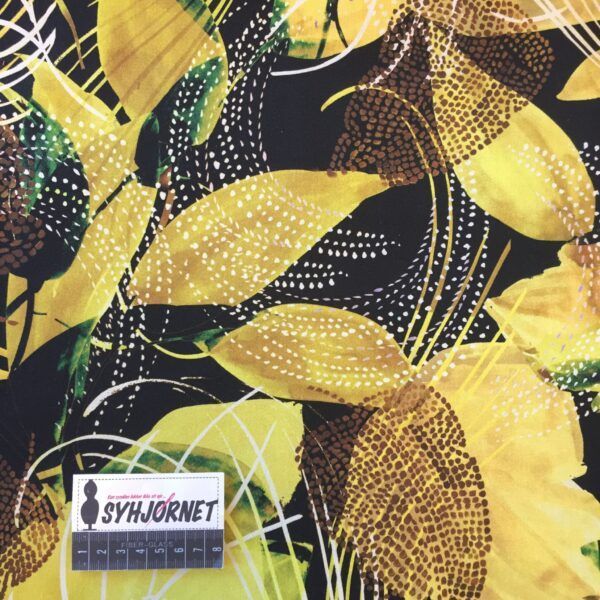 Satin bomuld med polyester store blade i gule, brune og sorte farver