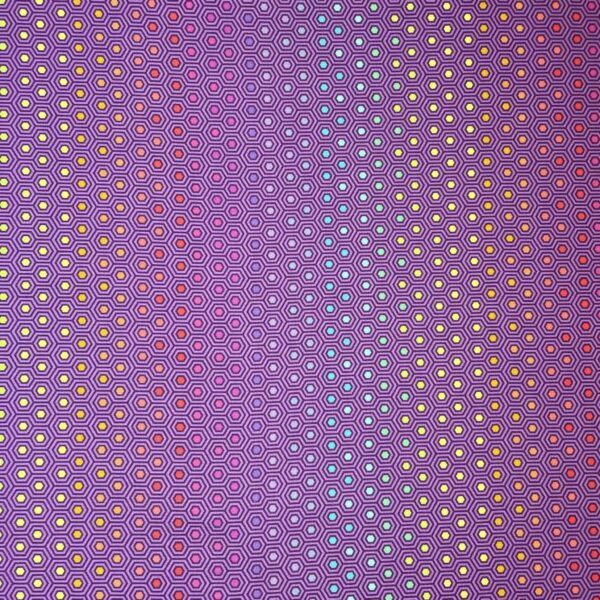 Bomuld vævet psykedelisk mønster i lilla med sekskanter i regnbue farver